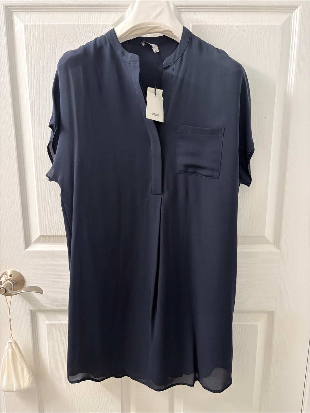 Vince Navy Short-Sleeve Split-Neck Tunic Dress NWT XS